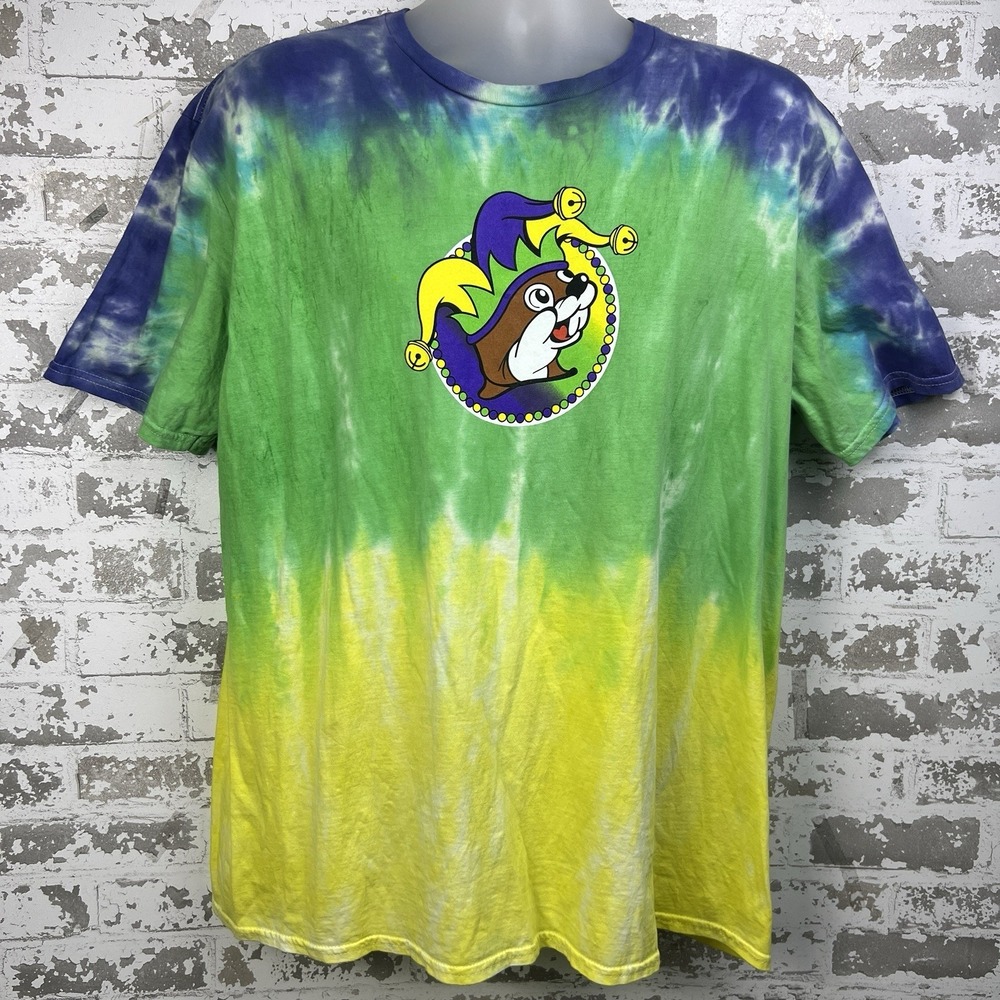 Buc-ee's Peace Love Mardi Gras T Shirt XL Tie Dye Blue Green Yellow New Orleans - Picture 3 of 12